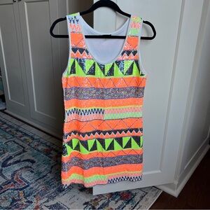 Verty Neon Sequin Geometric Tribal Print Sleeveless Mini Dress size medium